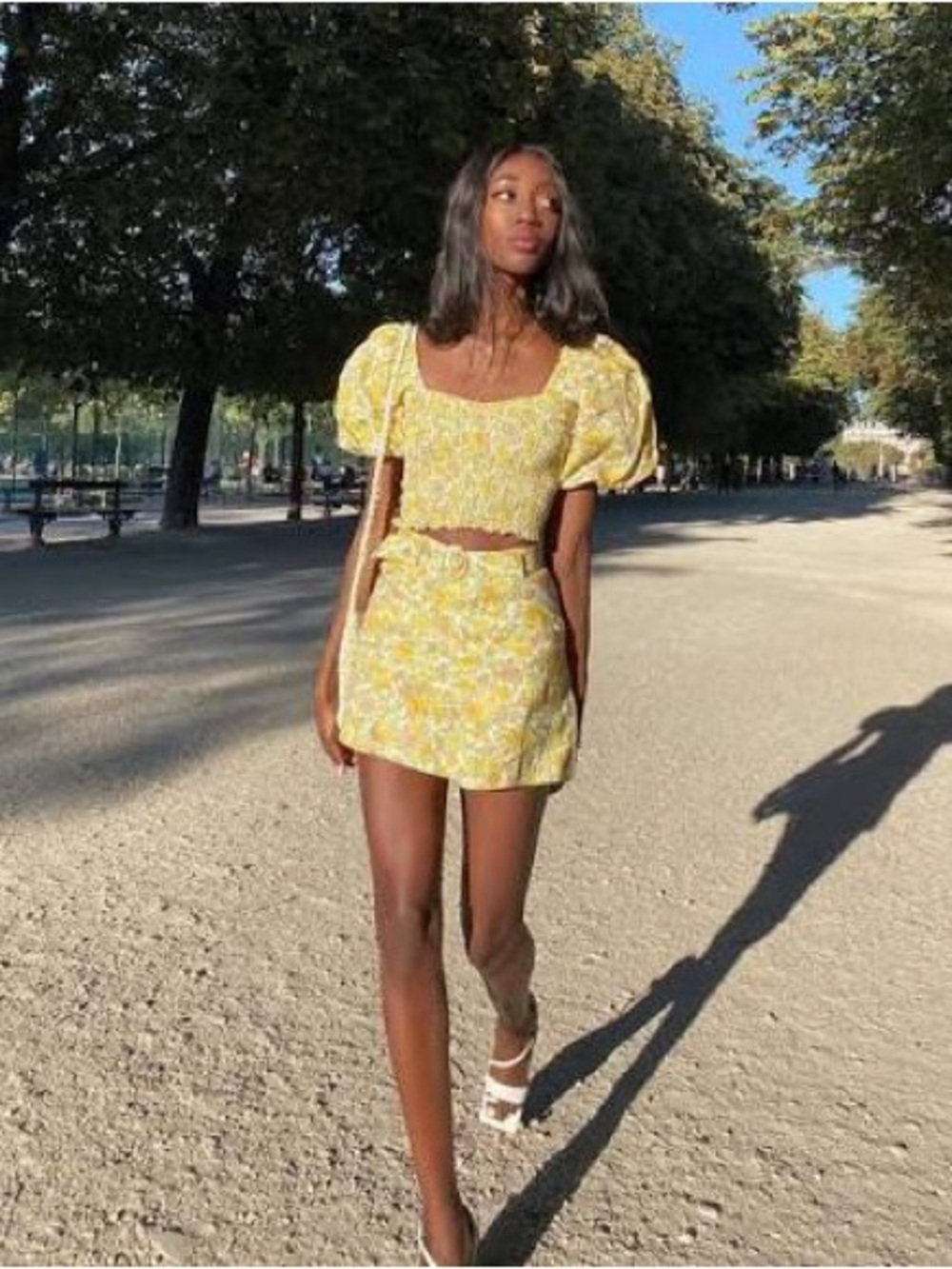 Faithfull the Brand Yellow Floral Puff-Sleeve Crop Top